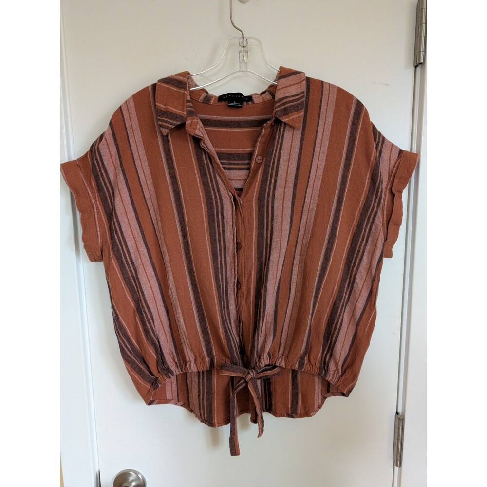 Sanctuary Rust and Brown Striped Tie-Hem Blouse